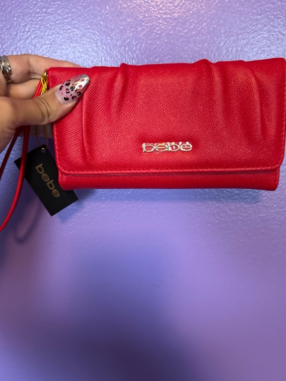 bebe Red Fold-Over Wristlet Clutch with Gold Logo